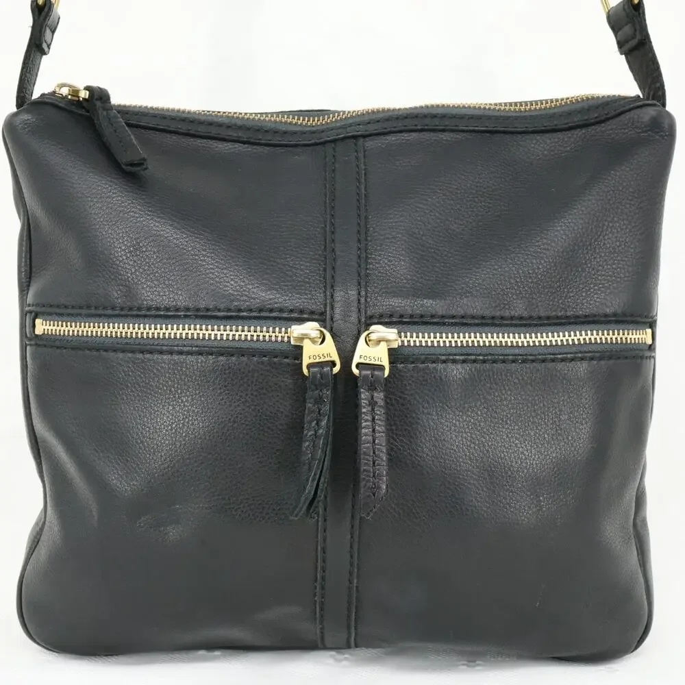Fossil Leather Handbag Womens Black Crossbody Bag Zipper Pockets Preppy Academia